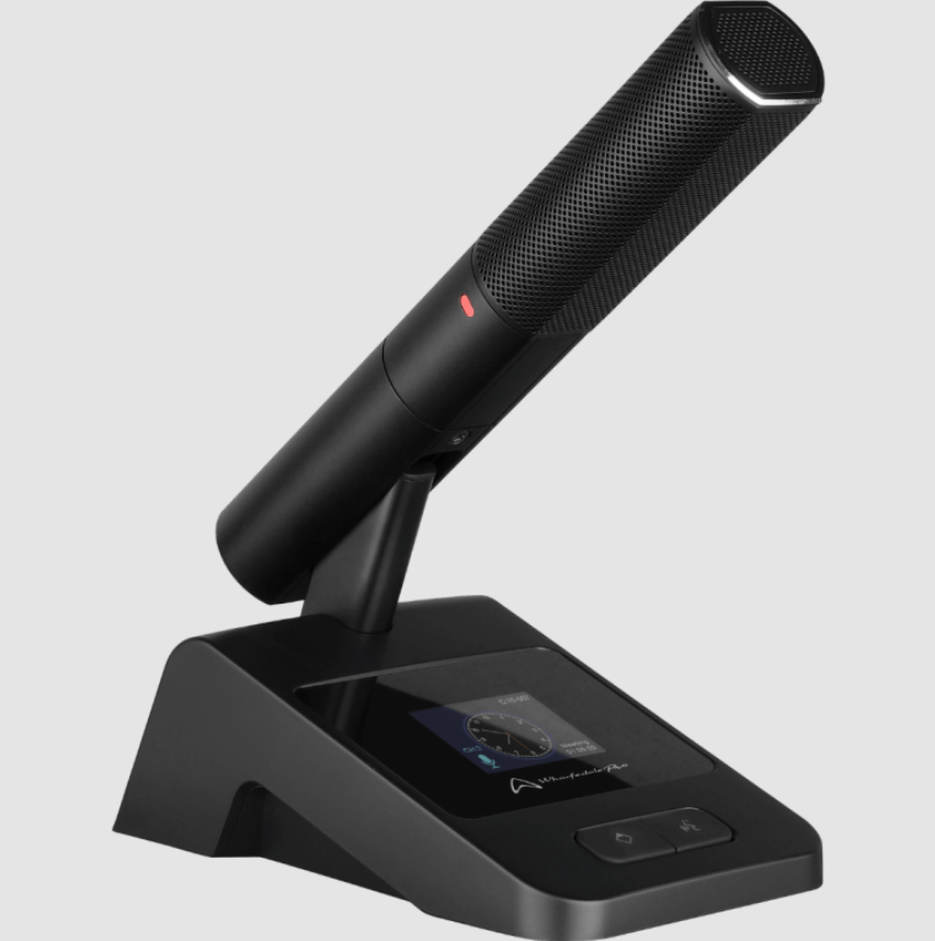 Wharfedale Pro CS-200 Wireless Conference System - showing a chair wireless mic unit from the front / side at an angle.