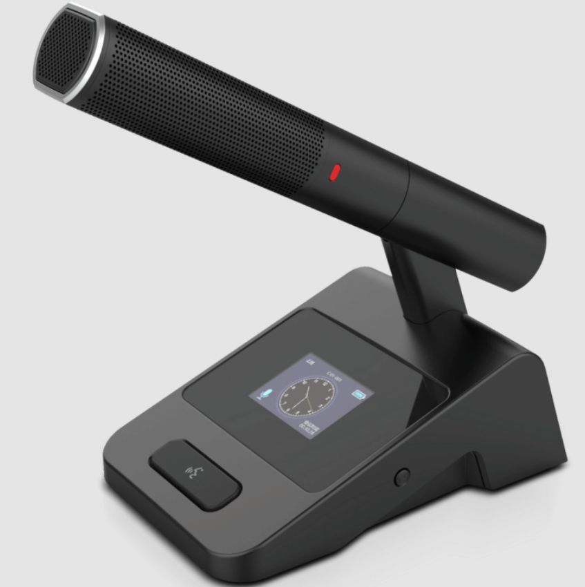 Wharfedale Pro CS-200 Wireless Conference System - showing a delegate wireless mic unit from the front / side at an angle.