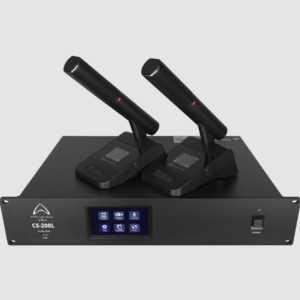 Wharfedale CS-200L Wired Conference System - showing the central control unit and two wireless mics.