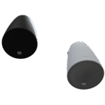 Two Wharfedale Pro Quad Industrial Pendant Pro Speakers - one in white (PP4) and one in black (PP5) shown from below at an angle. .