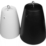 Two Wharfedale Pro Quad Industrial Pendant Pro Speakers - one in white (PP4) and one in black (PP5) shown from the side with fixings attached.