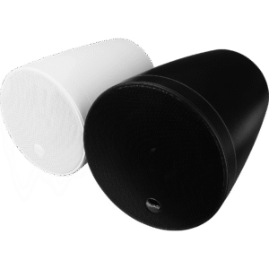 Two Wharfedale Pro Quad Industrial Pendant Pro Speakers - one in white (PP4) and one in black (PP5) shown from the front at an angle.