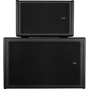 Wharfedale Pro Quad Industrial Sub Series showing QI Sub 12 subwoofer with a QI Sub 8 subwoofer on top of it. Both shown from the front.
