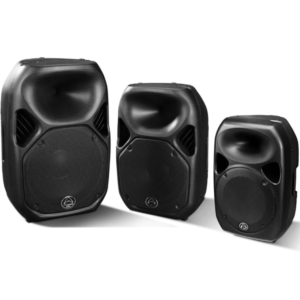 Wharfedale Pro Titan Active Loudspeakers showing 3 sizes of speaker Titan 8 MKII, Titan AX12 and Titan AX15.