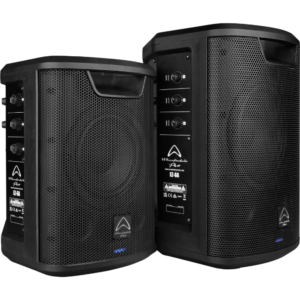 Wharfedale Pro EZ-A-Series showing two EZ-A Series speakers from the front and side at an angle.